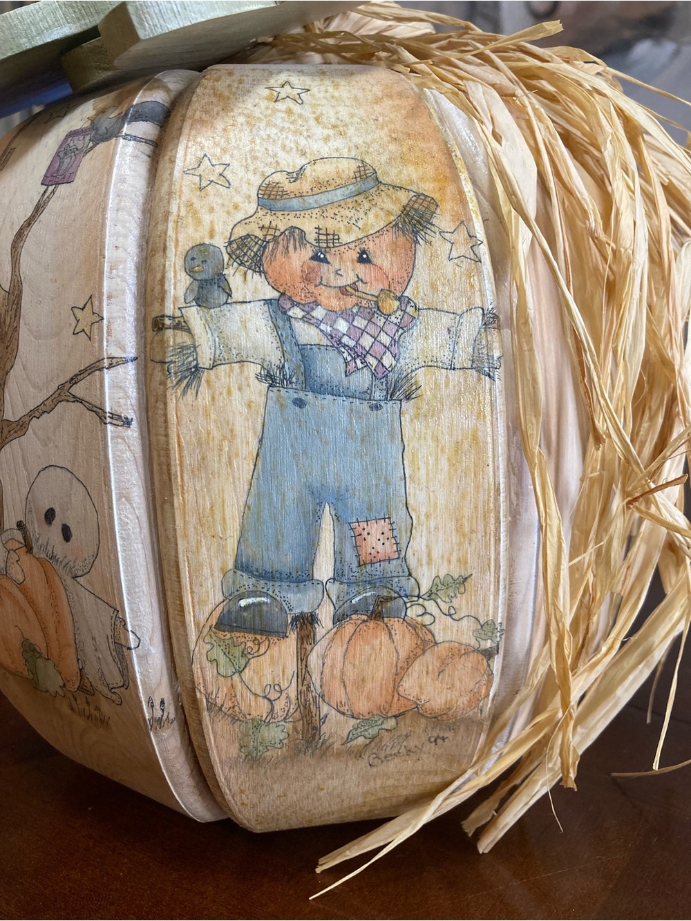 Vintage Hand Painted Wooden Fall Pumpkin Centerpiece With Ghost & Scarecrow Art - Picture 7 of 15